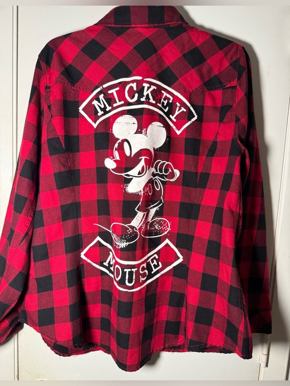 Disney red & black buffalo plaid flannel shirt vintage-style Mickey Mouse back.